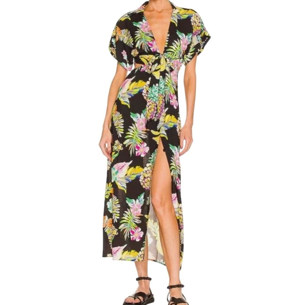 LE SUPERBE Mai Tai Maxi Cut Out Front Tie Dress in Black Tropi Cali Resort/Beach